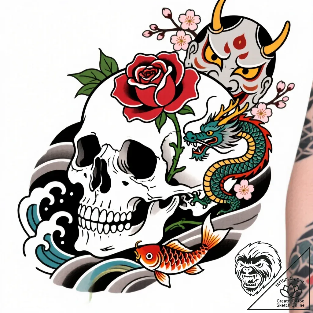 Abyssal rose blooming in skull eye socket, ta... - style Flux Inscriptions - tattoo sketch (11.11.2025 21:16)