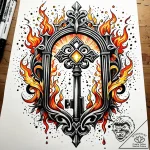 Burning key unlocking forbidden gate, tattoo… – style Jaeger Simple – tattoo sketch (11.11.2025 21:31)