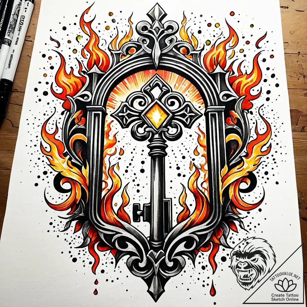 Burning key unlocking forbidden gate, tattoo... - style Jaeger Simple - tattoo sketch (11.11.2025 21:31)