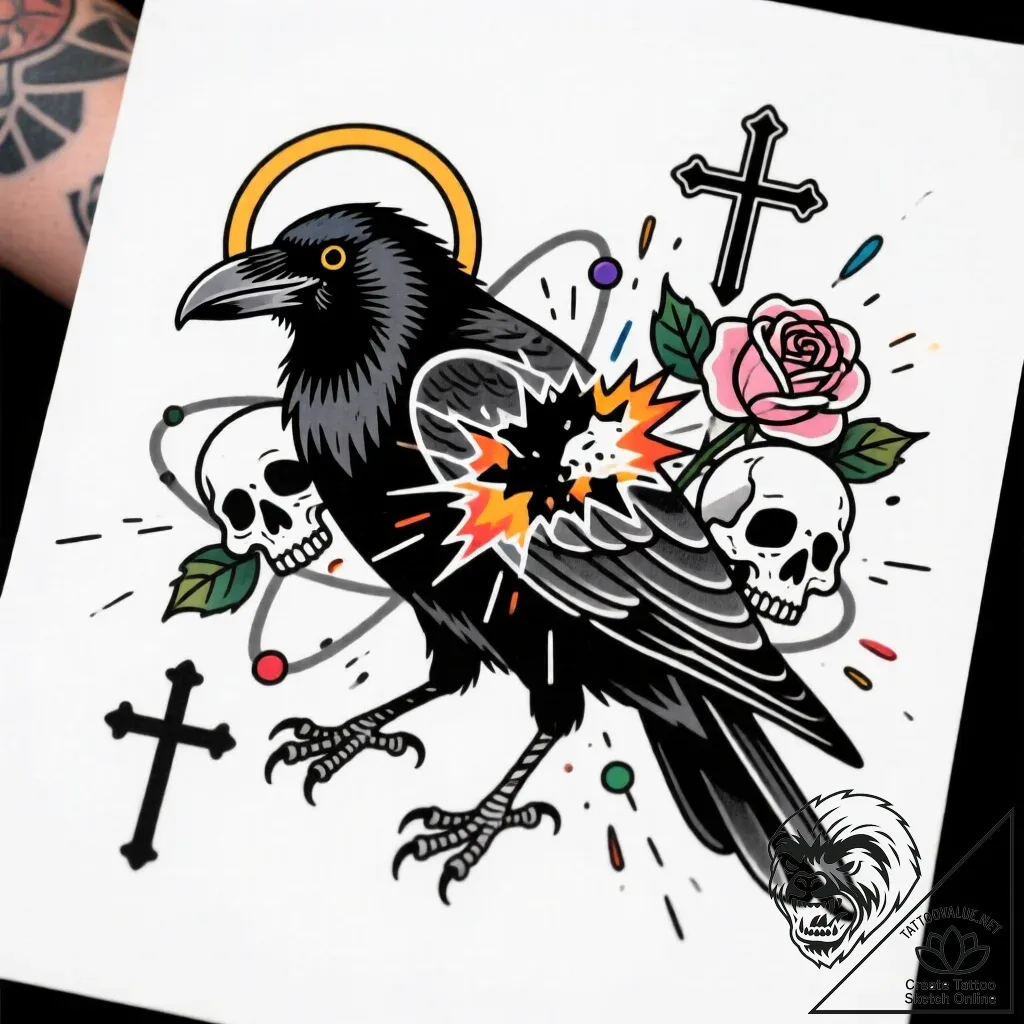 Atomic raven with glitch effect, artistic tat... - style Flux Inscriptions - tattoo sketch (11.11.2025 21:40)