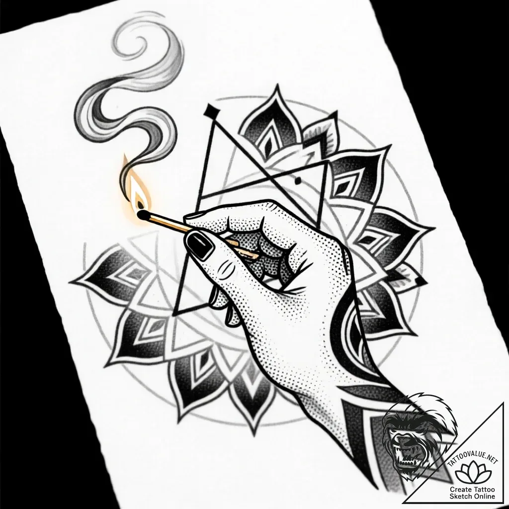 Elegant hand holding a single, smoking match,... - style Flux Inscriptions - tattoo sketch (11.11.2025 22:04)