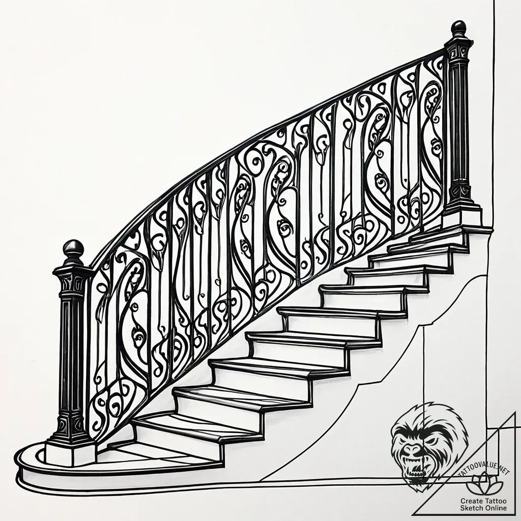 An art nouveau staircase with intricate wroug... - style Jaeger Simple - tattoo sketch (11.11.2025 22:31)
