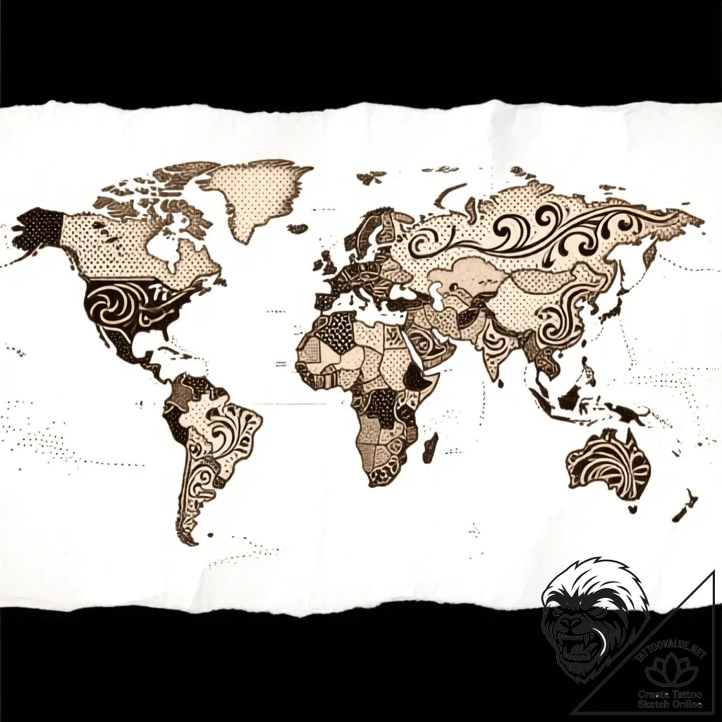 World map, ink illustration for tattoo, sepia... - style Flux Inscriptions - tattoo sketch (11.11.2025 22:40)