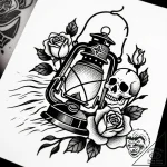 Ruined lantern swinging in wind, artistic tat… – style Flux Inscriptions – tattoo sketch (11.11.2025 22:52)