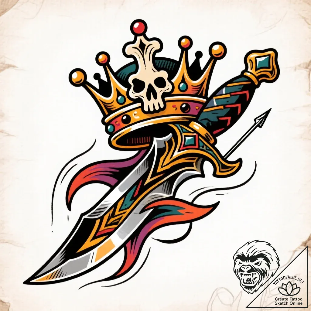 Gleaming blade crowned with bone, tattoo line... - style Flux Inscriptions - tattoo sketch (11.11.2025 23:16)