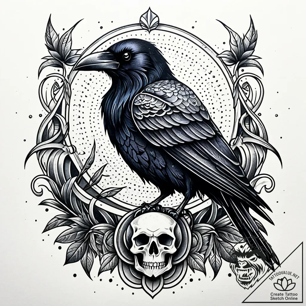 Art nouveau raven perched on skull, ink illus... - style Jaeger Simple - tattoo sketch (11.11.2025 23:19)