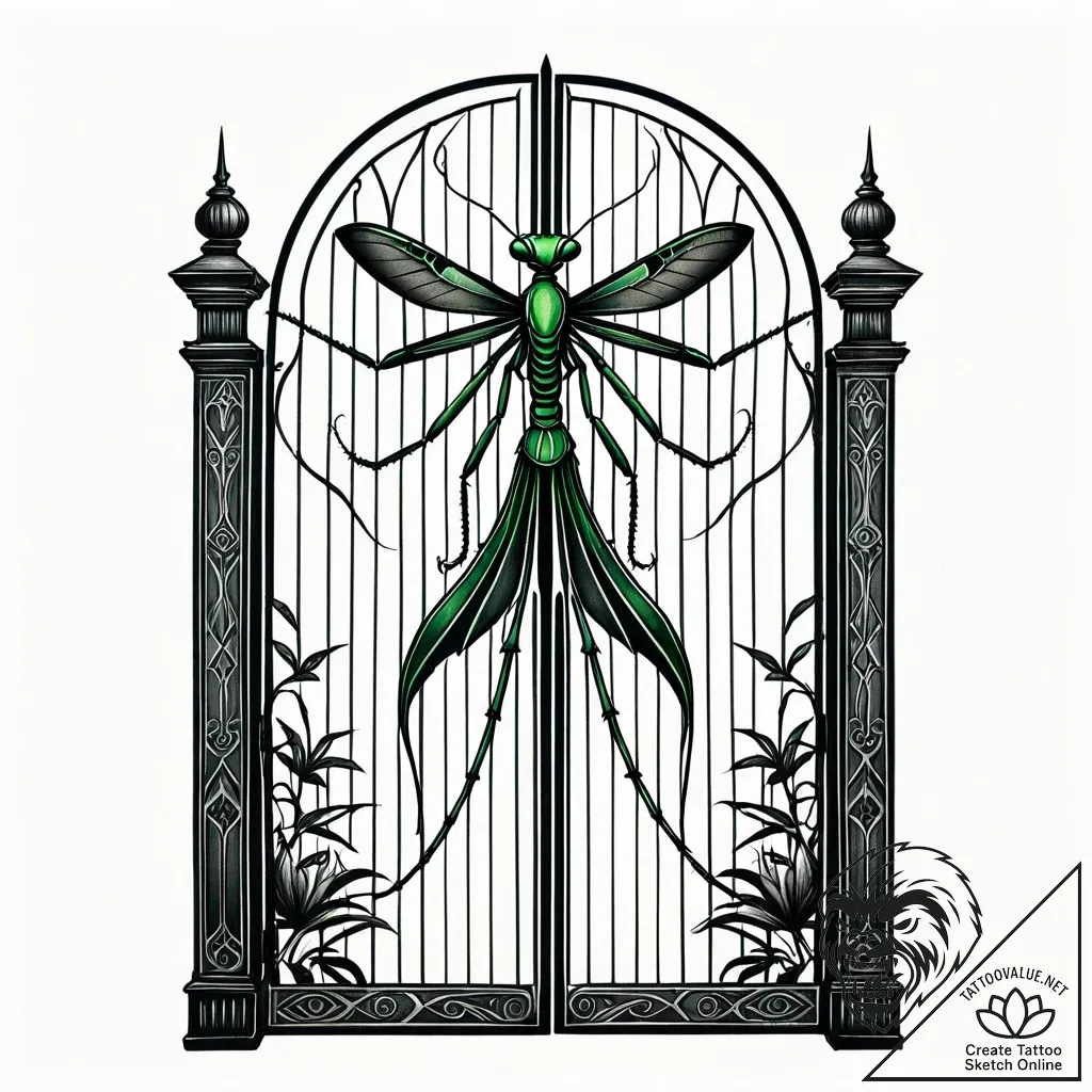 Mantis shadow within mirrored gate, artistic... - style Jaeger Simple - tattoo sketch (11.11.2025 23:30)