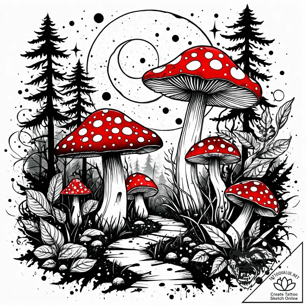 Tat tattoo sketch, glowing magical mushrooms... - style Jaeger Simple - tattoo sketch (12.11.2025 00:19)