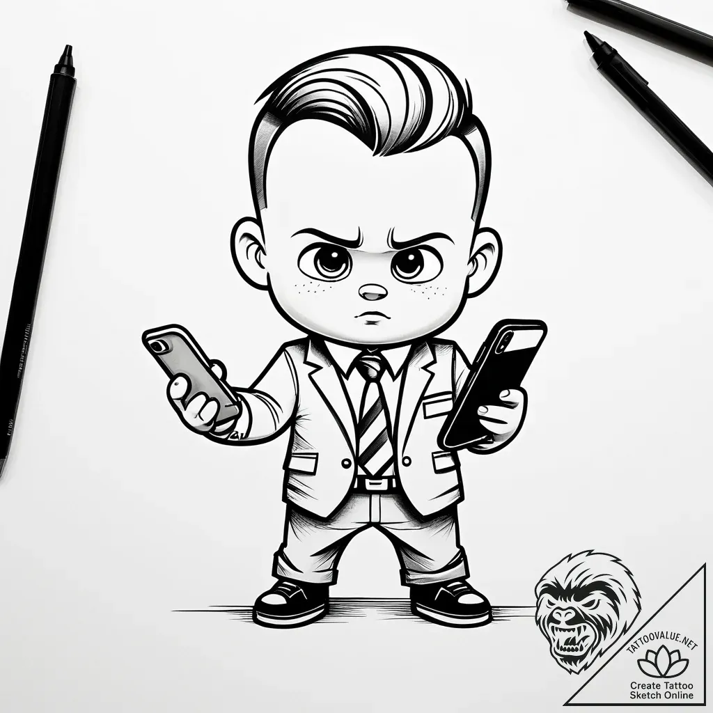 Tattoo sketch, boss baby holding smartphone,... - style Jaeger Simple - tattoo sketch (12.11.2025 01:04)