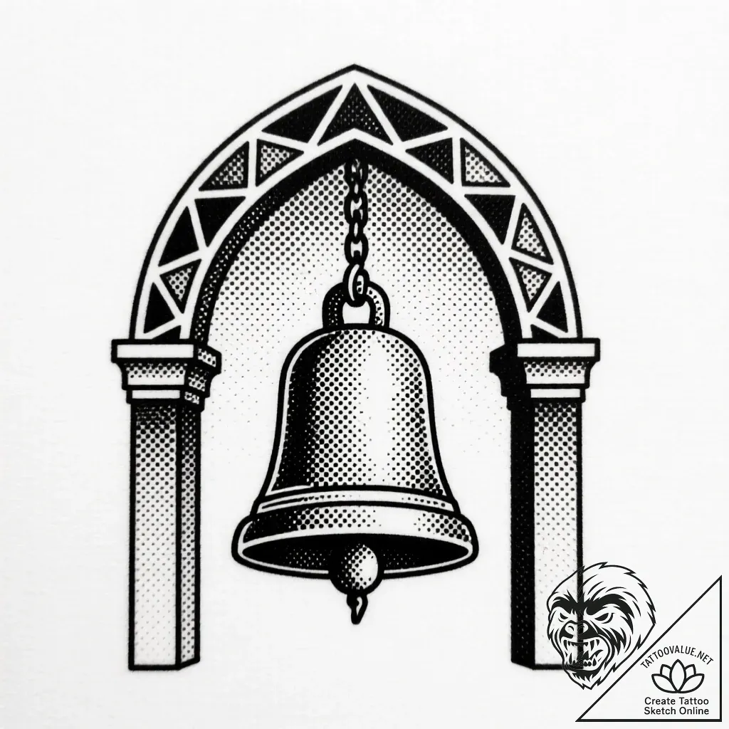 Silent bell beneath spectral arch, tattoo ske... - style Flux Inscriptions - tattoo sketch (12.11.2025 01:49)