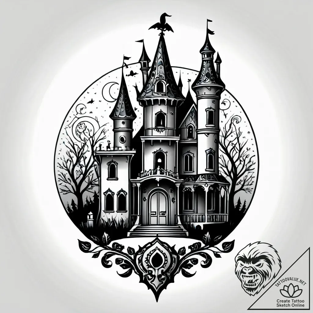 Haunted mansion silhouette on a locket, tatto... - style Jagger Old - tattoo sketch (12.11.2025 01:57)