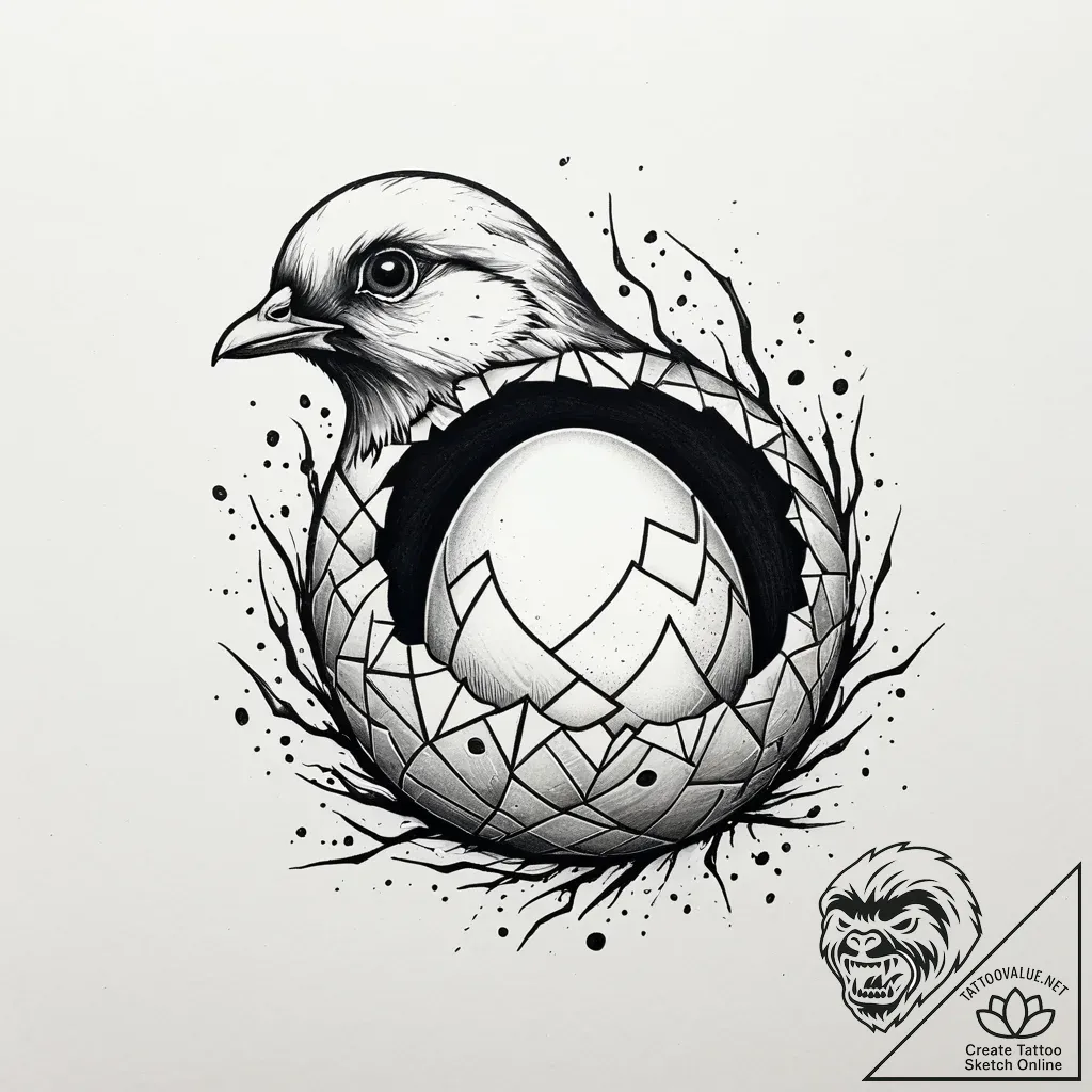 A detailed broken eggshell with a chick emerg... - style Jaeger Simple - tattoo sketch (12.11.2025 02:15)