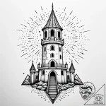 Starfall behind broken tower, tattoo drawing… – style Jaeger Simple – tattoo sketch (12.11.2025 02:27)