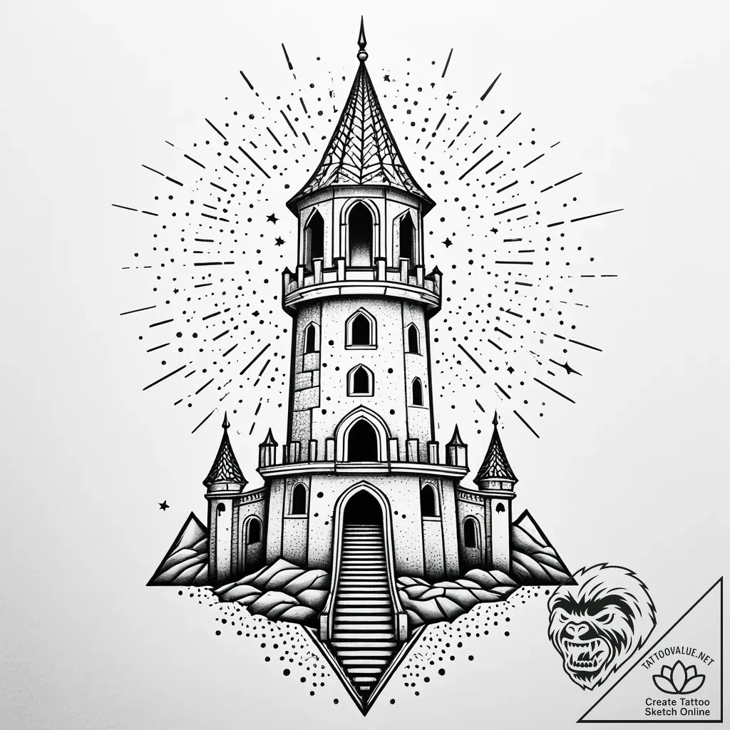 Starfall behind broken tower, tattoo drawing... - style Jaeger Simple - tattoo sketch (12.11.2025 02:27)