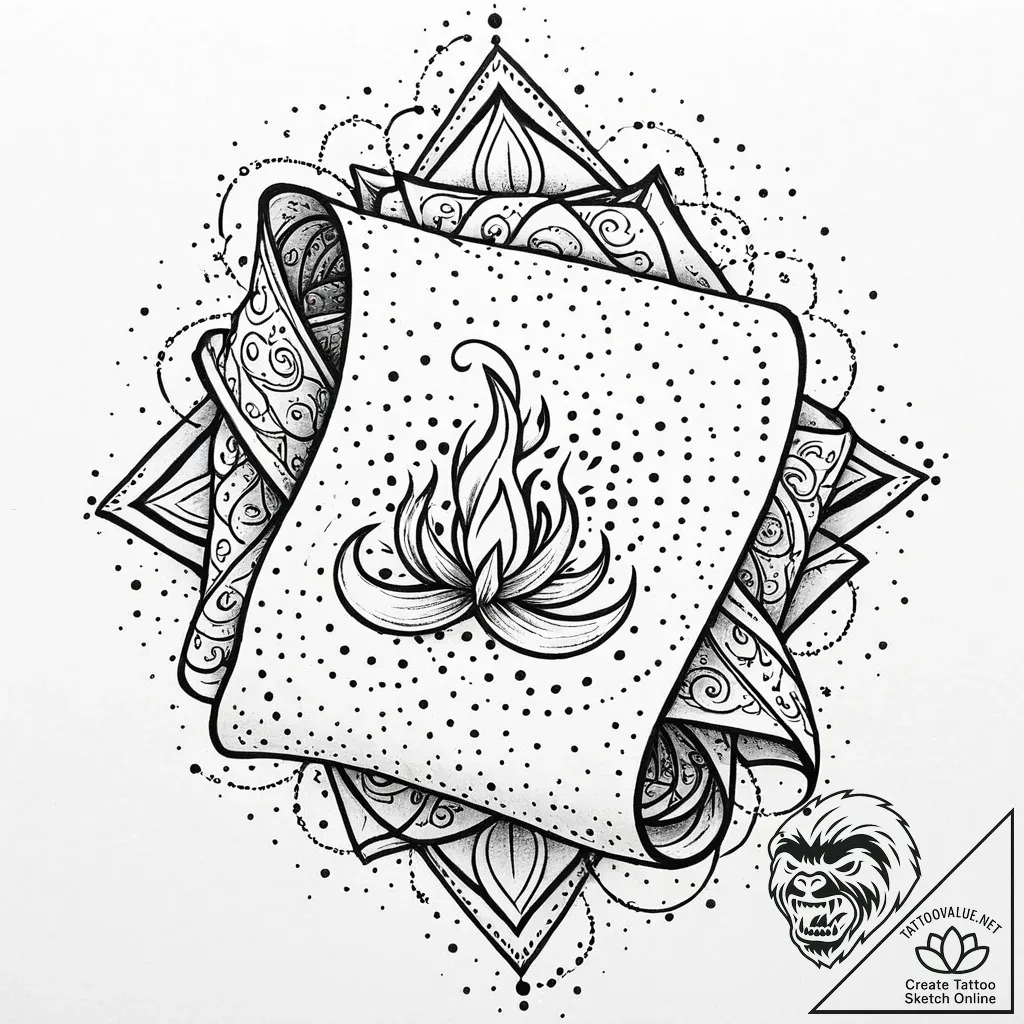 Burning scroll unraveling mid-air, concept ar... - style Jaeger Mini - tattoo sketch (12.11.2025 03:25)