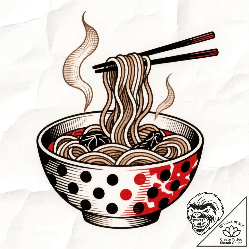 Noodle bowl, steaming, with chopsticks, tatto... - style Flux Inscriptions - tattoo sketch (12.11.2025 03:43)