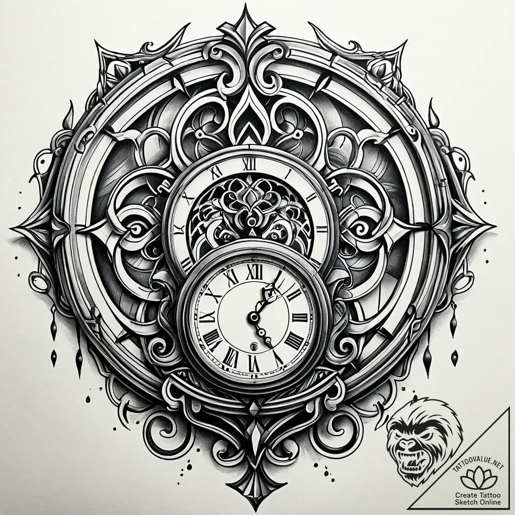 Atomic clock melting through void, tattoo ske... - style Jaeger Simple - tattoo sketch (12.11.2025 03:45)