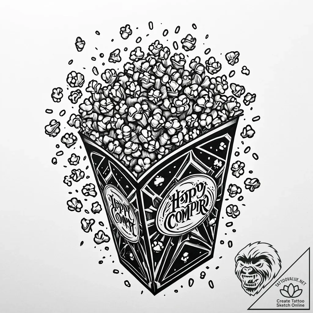 A detailed bag of popcorn, snack,, concept ar... - style Jaeger Mini - tattoo sketch (12.11.2025 04:00)
