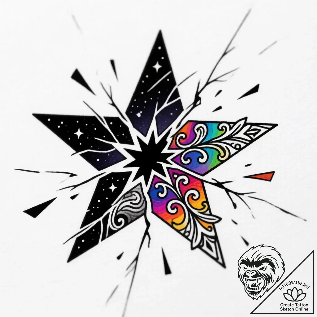 Dark star shattering mid-sky, tattoo line art... - style Flux Inscriptions - tattoo sketch (12.11.2025 04:31)