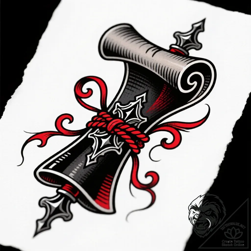 Obsidian scroll bound in chains, tattoo flash... - style Flux Inscriptions - tattoo sketch (12.11.2025 04:55)