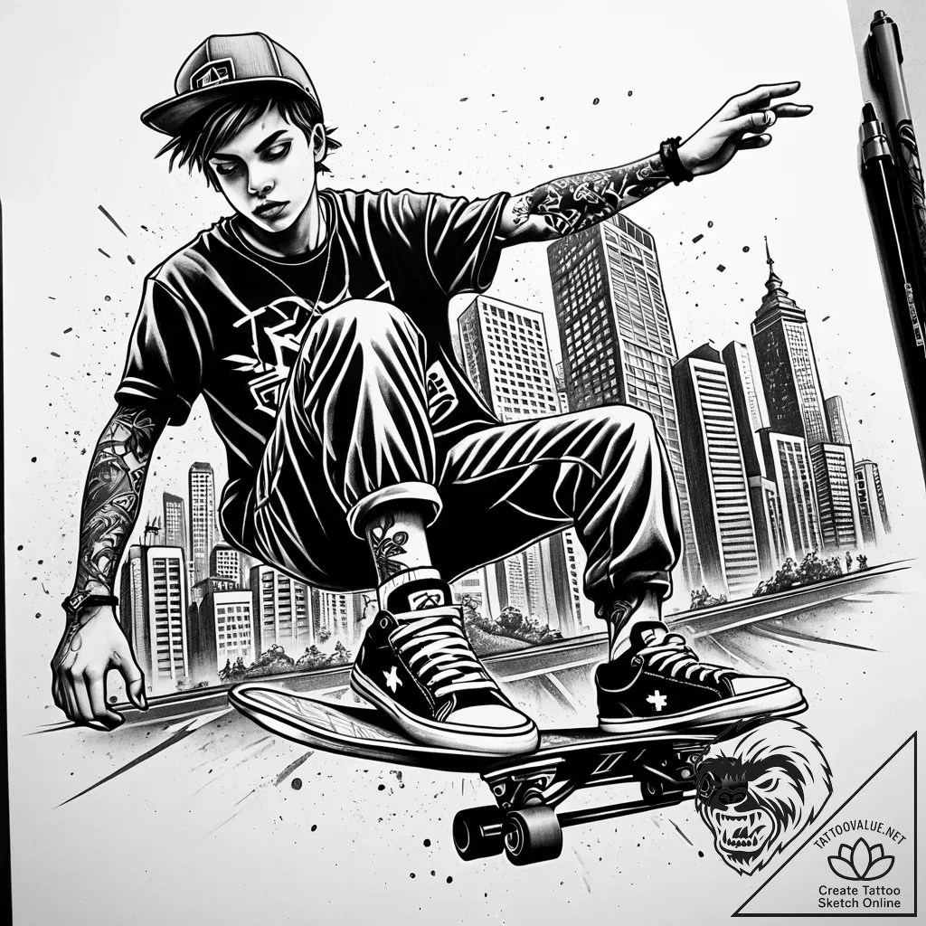 Tat tattoo sketch, skateboarder performing tr... - style Jaeger Simple - tattoo sketch (12.11.2025 04:58)