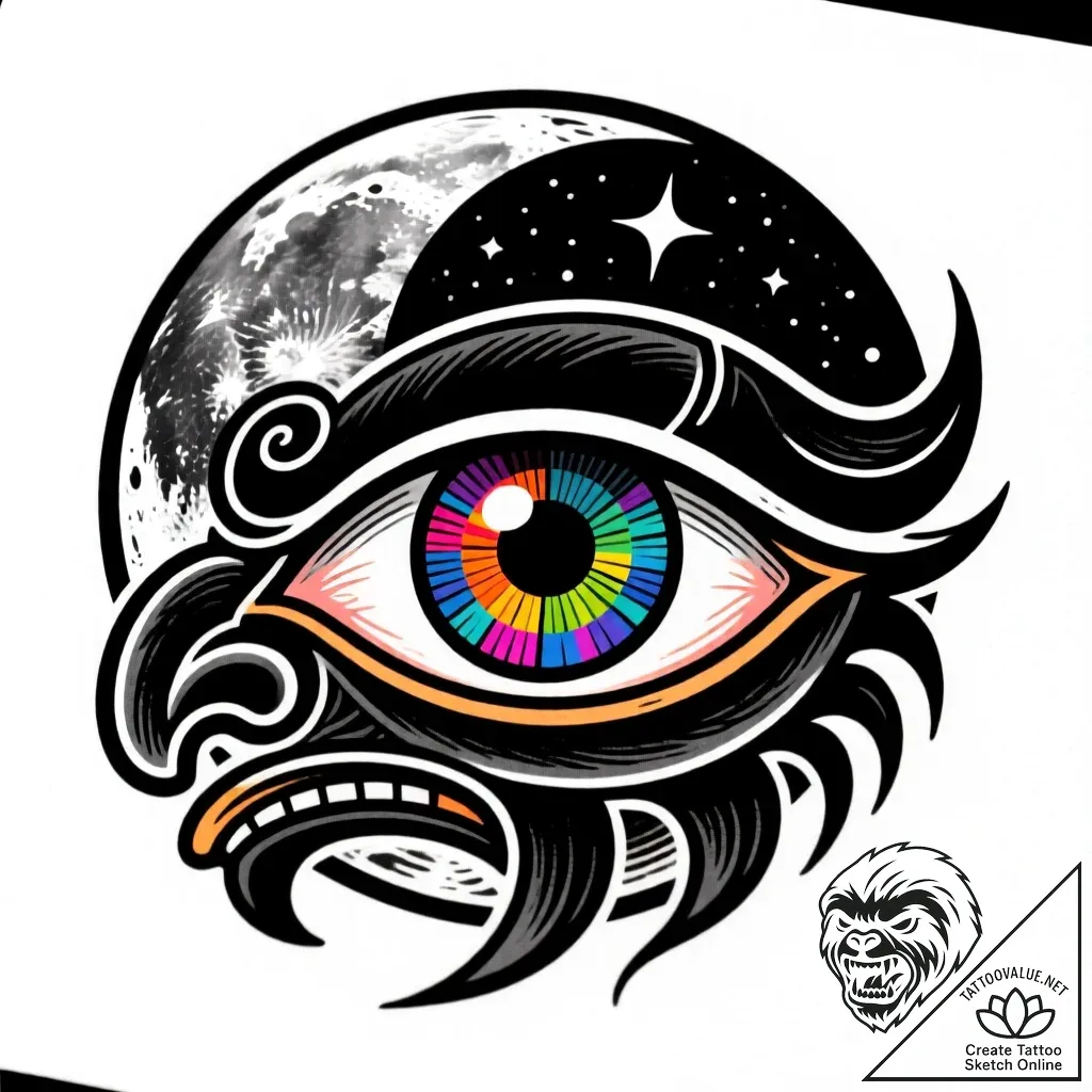 Totem eye beneath celestial moon, tattoo flas... - style Flux Inscriptions - tattoo sketch (12.11.2025 05:07)