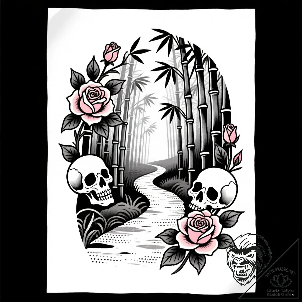 A detailed bamboo forest path, serene,, tatto... - style Flux Inscriptions - tattoo sketch (12.11.2025 06:07)