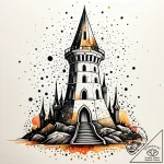 Starfall behind broken tower, tattoo drawing… – style Jaeger Simple – tattoo sketch (12.11.2025 06:21)