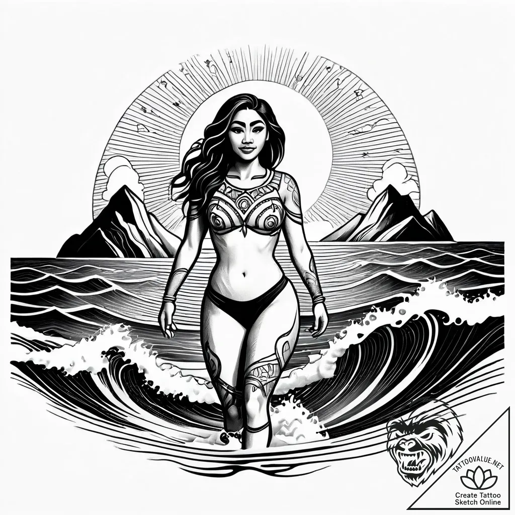 Tattoo sketch, moana standing on beach with o... - style Jagger Old - tattoo sketch (12.11.2025 06:28)