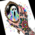 A hand mirror reflecting a ghostly figure, ar… – style Flux Inscriptions – tattoo sketch (12.11.2025 06:31)
