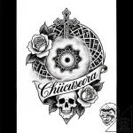 Frosted relic spiraling in mist, tattoo line… – style Flux Inscriptions – tattoo sketch (12.11.2025 06:43)