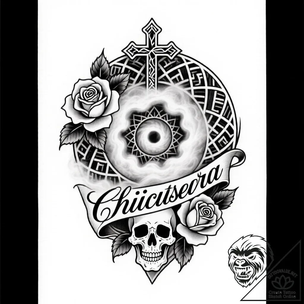 Frosted relic spiraling in mist, tattoo line... - style Flux Inscriptions - tattoo sketch (12.11.2025 06:43)