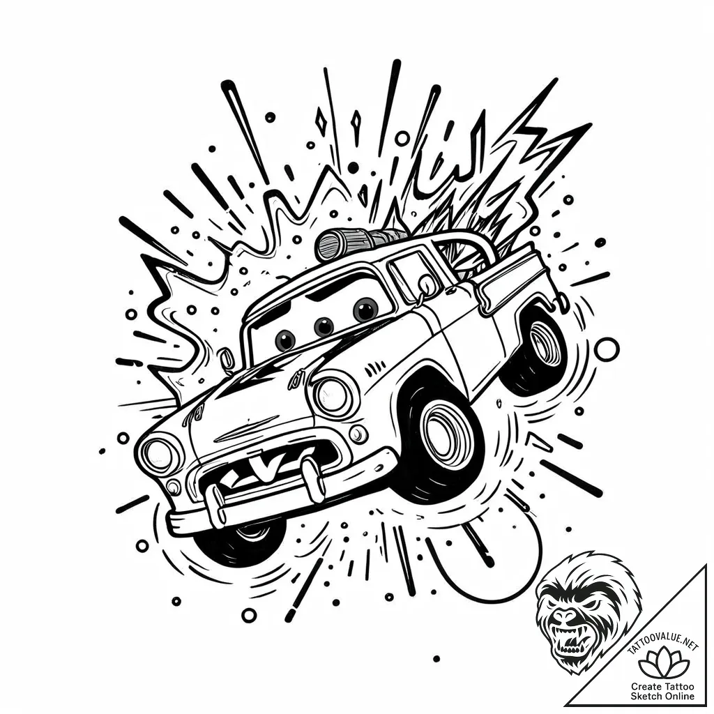 Tattoo sketch, mater jumping with sparks flyi... - style Jaeger Mini - tattoo sketch (12.11.2025 06:48)