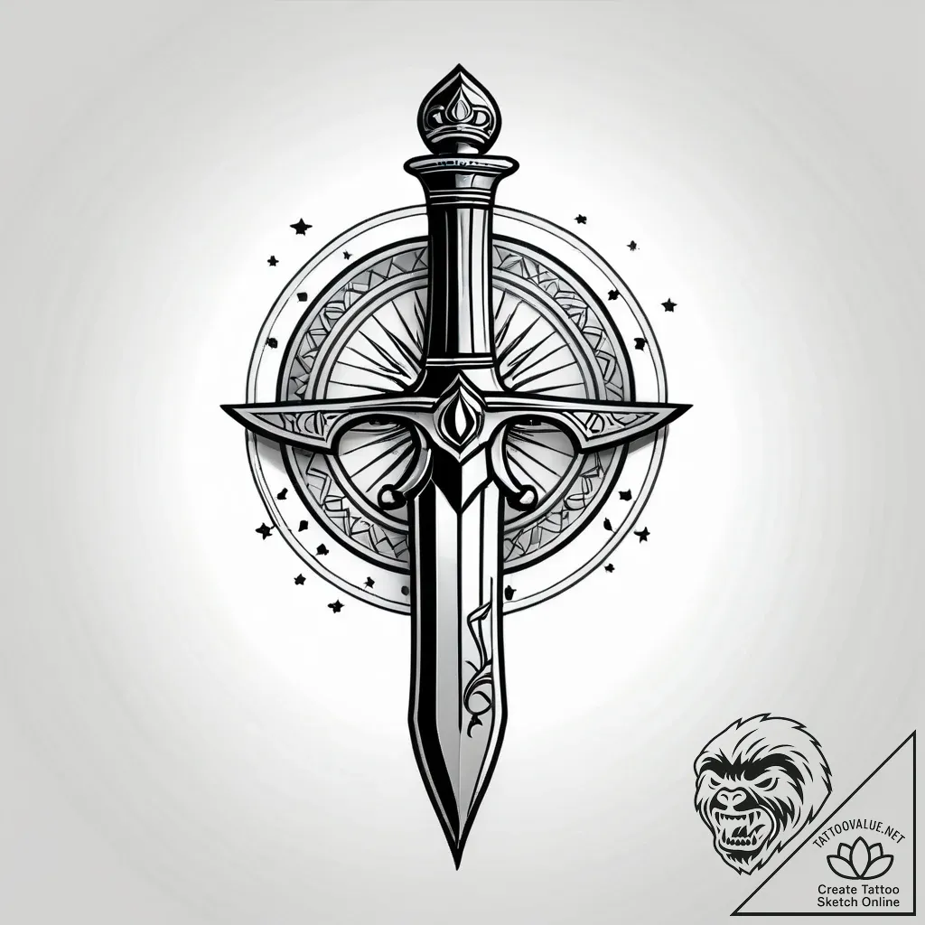 Hallowed dagger beneath celestial gate, ink i... - style Jagger Old - tattoo sketch (12.11.2025 06:52)