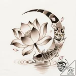 Blooming lotus with a crescent moon resting o… – style Flux Inscriptions – tattoo sketch (12.11.2025 06:55)