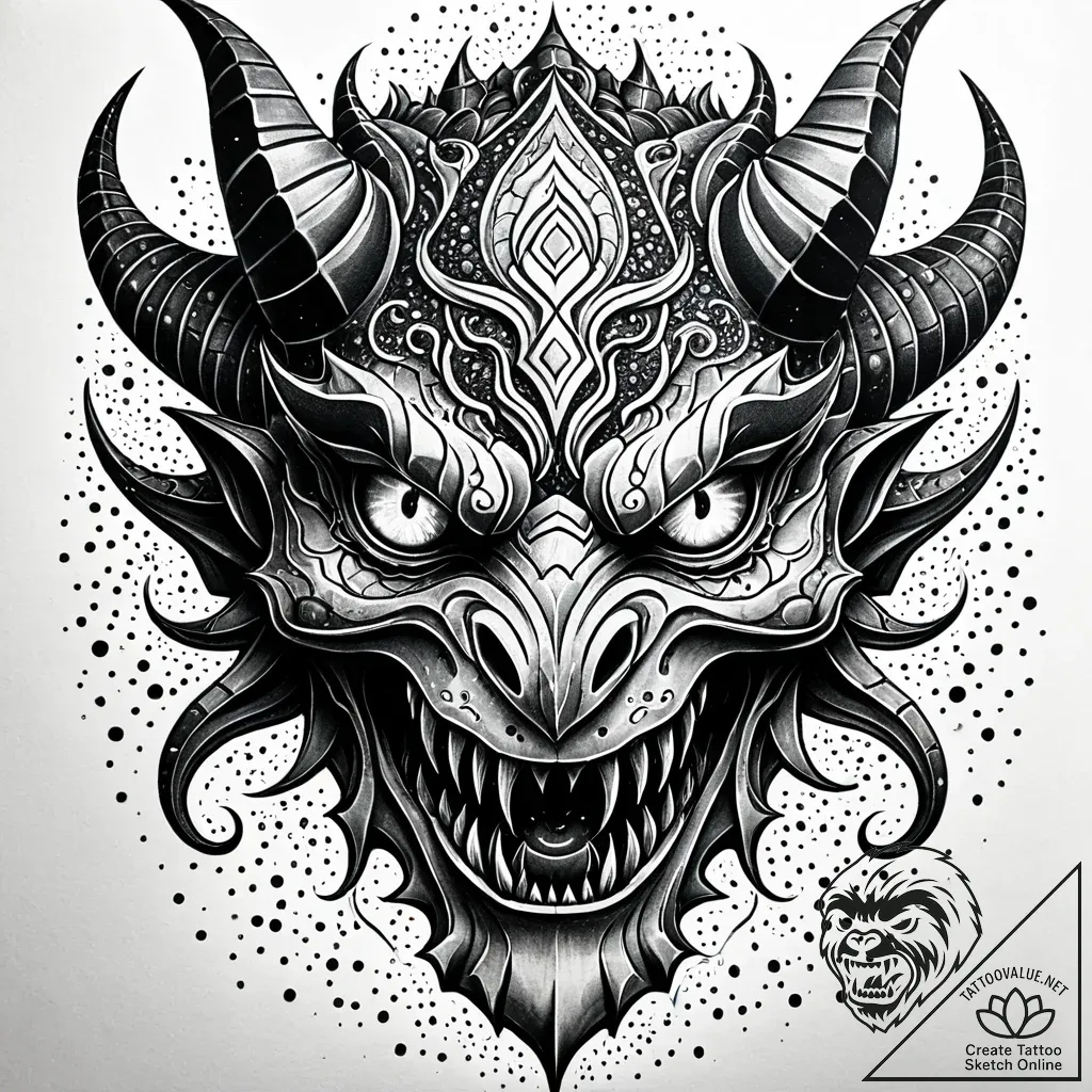 Aquatic demon with glowing eyes, ink illustra... - style Jaeger Simple - tattoo sketch (12.11.2025 07:10)