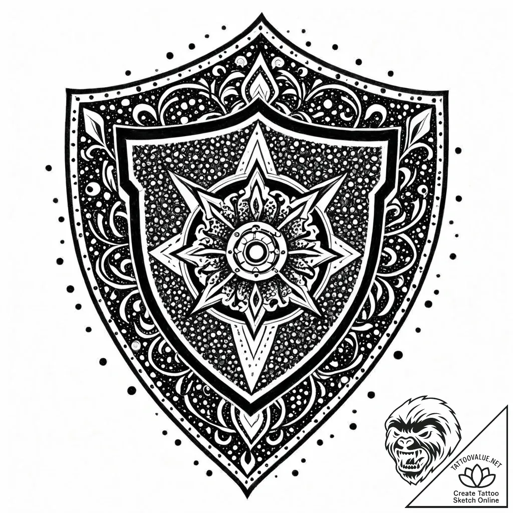Lichen creeping across shield, concept art fo... - style Jaeger Mini - tattoo sketch (12.11.2025 07:13)