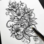 Fountain pen writing a line that blossoms int… – style Jaeger Simple – tattoo sketch (12.11.2025 07:58)