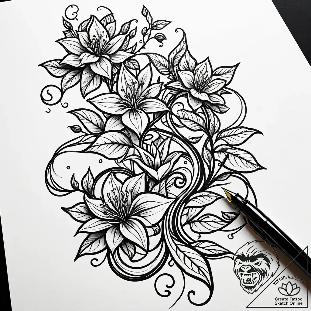 Fountain pen writing a line that blossoms int... - style Jaeger Simple - tattoo sketch (12.11.2025 07:58)