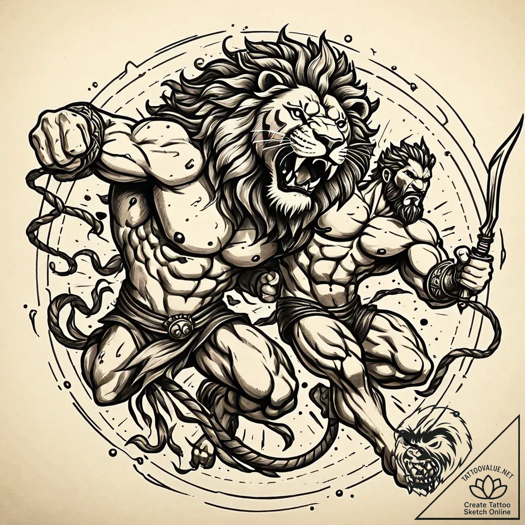 Heracles battling the nemean lion, ink illust... - style Jaeger Mini - tattoo sketch (12.11.2025 08:01)