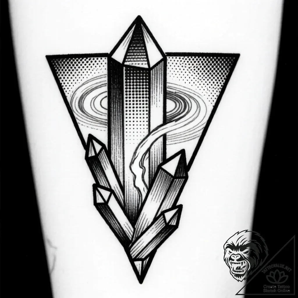 Quartz tower beneath spectral rift, tattoo sk... - style Flux Inscriptions - tattoo sketch (12.11.2025 08:07)