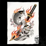 Katana blade devouring flame, concept art for… – style Flux Inscriptions – tattoo sketch (12.11.2025 09:19)