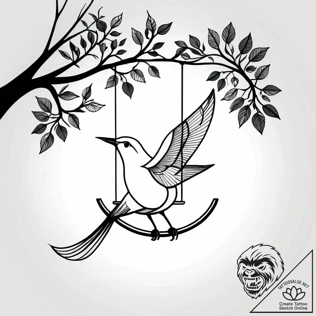A whimsical bird on a swing in a tree, playfu... - style Jagger Old - tattoo sketch (12.11.2025 09:28)