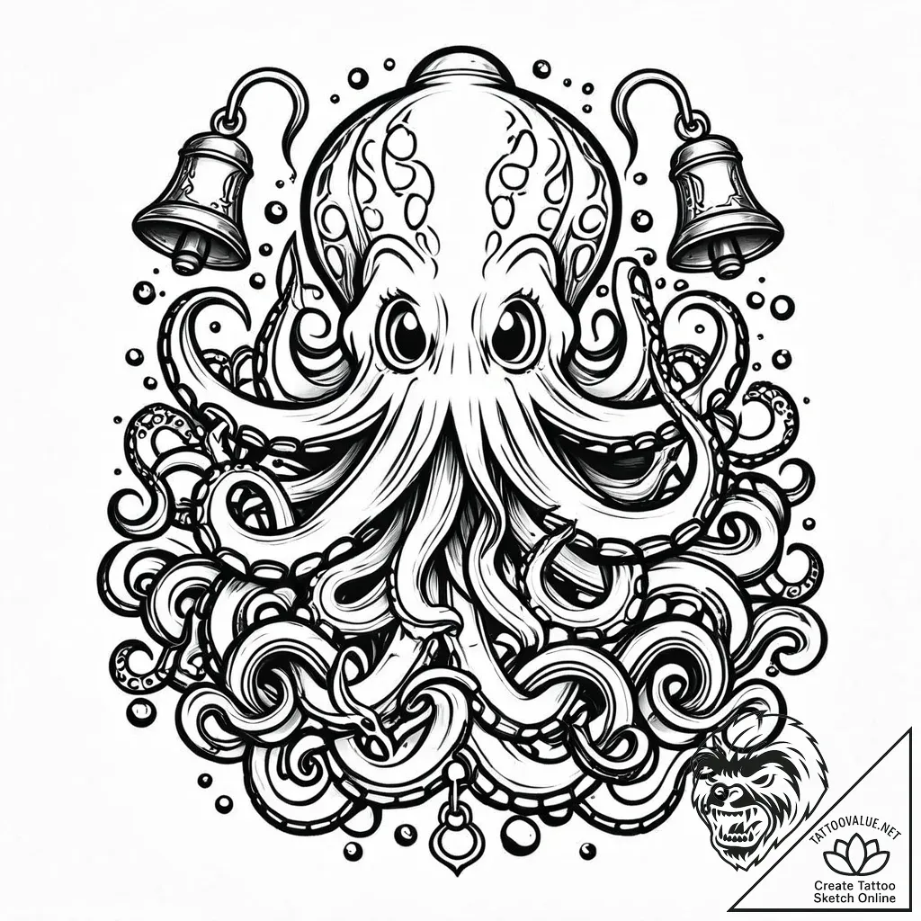 Kraken devouring sunken bells, tattoo drawing... - style Jaeger Mini - tattoo sketch (12.11.2025 09:37)