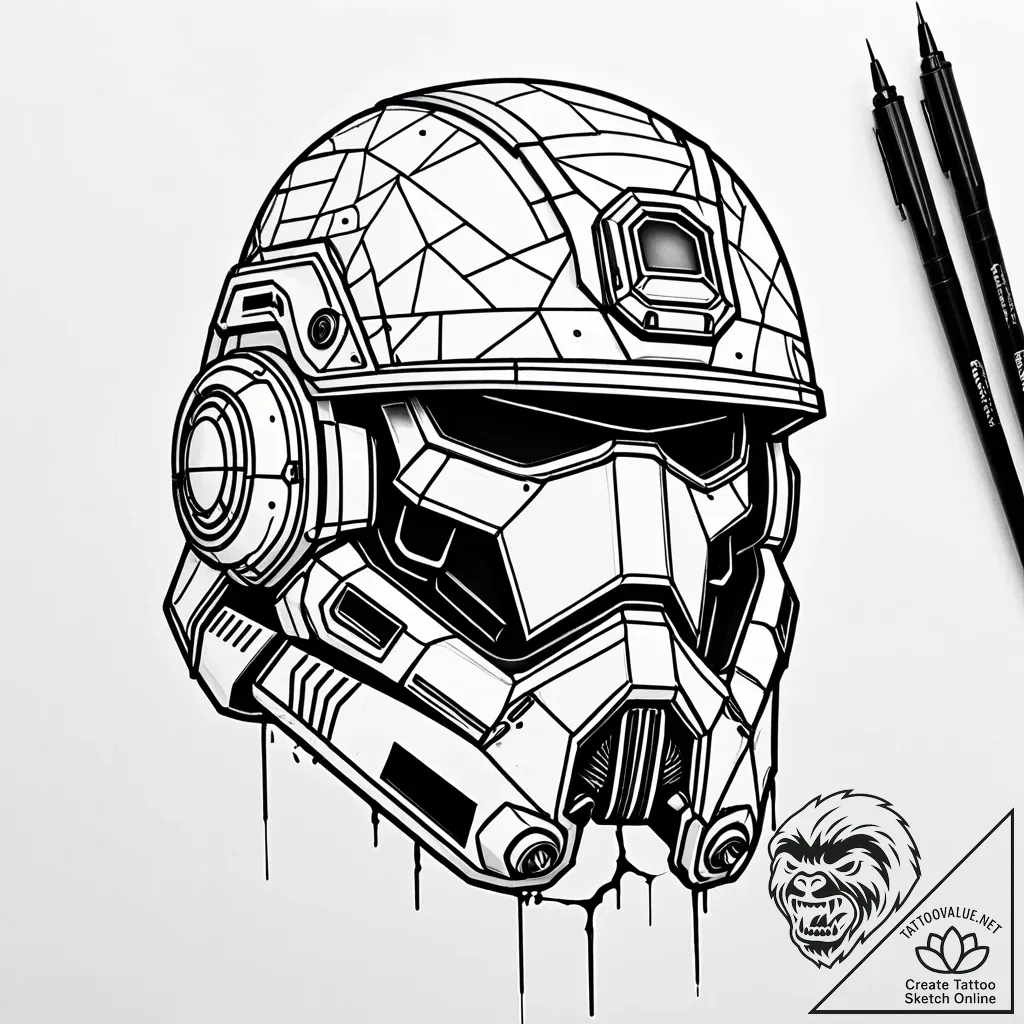 Dystopian soldier's helmet with a cracked, ho... - style Jaeger Simple - tattoo sketch (12.11.2025 09:57)
