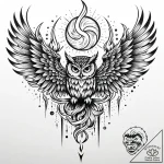 Owl wings devouring celestial flame, tattoo f… – style Jaeger Mini – tattoo sketch (12.11.2025 10:01)