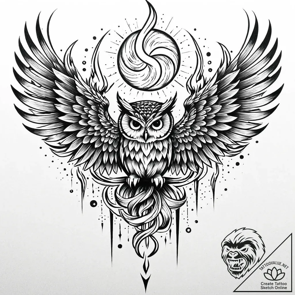 Owl wings devouring celestial flame, tattoo f... - style Jaeger Mini - tattoo sketch (12.11.2025 10:01)