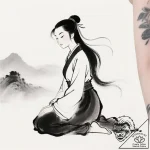 Tattoo sketch, mulan kneeling in meditation p… – style Flux Inscriptions – tattoo sketch (12.11.2025 10:07)