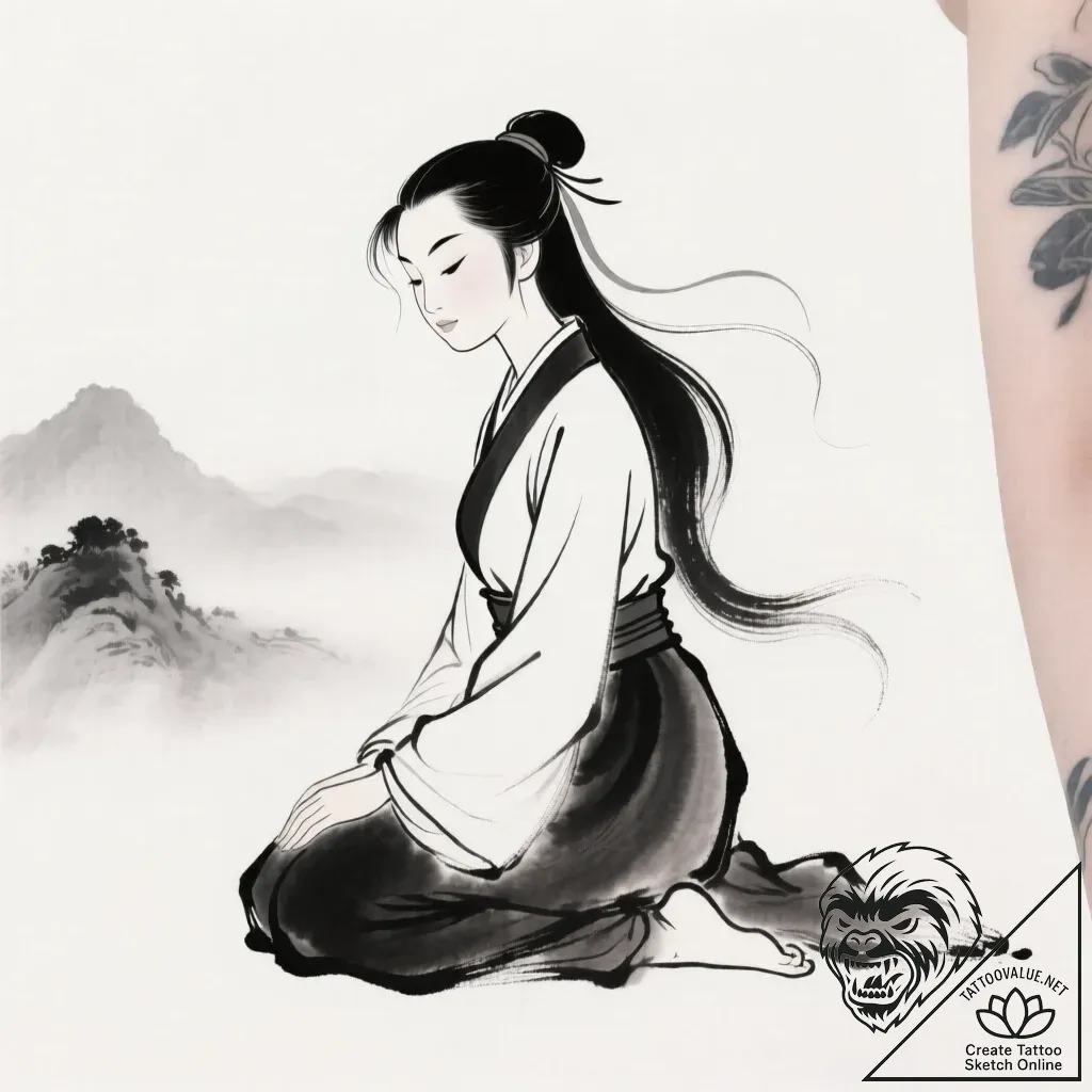Tattoo sketch, mulan kneeling in meditation p... - style Flux Inscriptions - tattoo sketch (12.11.2025 10:07)