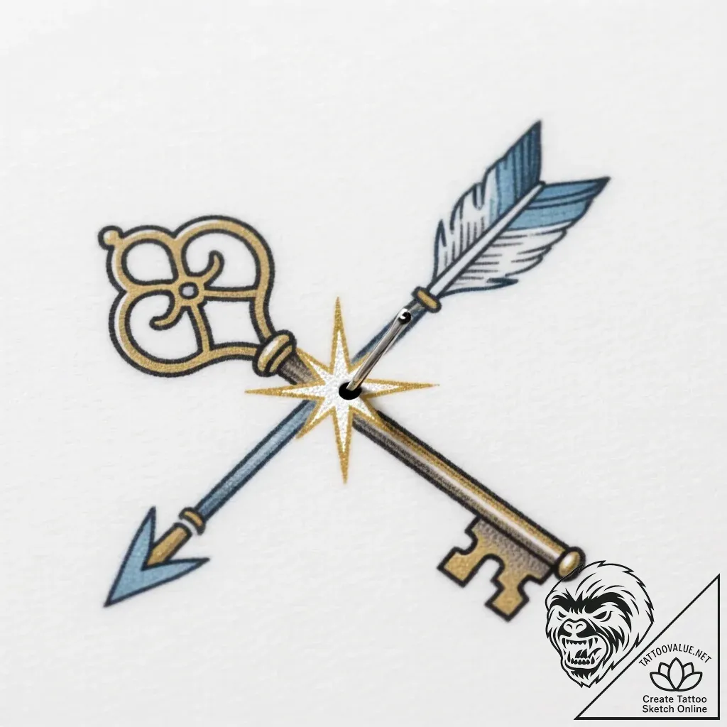 Key pierced by celestial arrow, concept art f... - style Flux Inscriptions - tattoo sketch (12.11.2025 10:19)